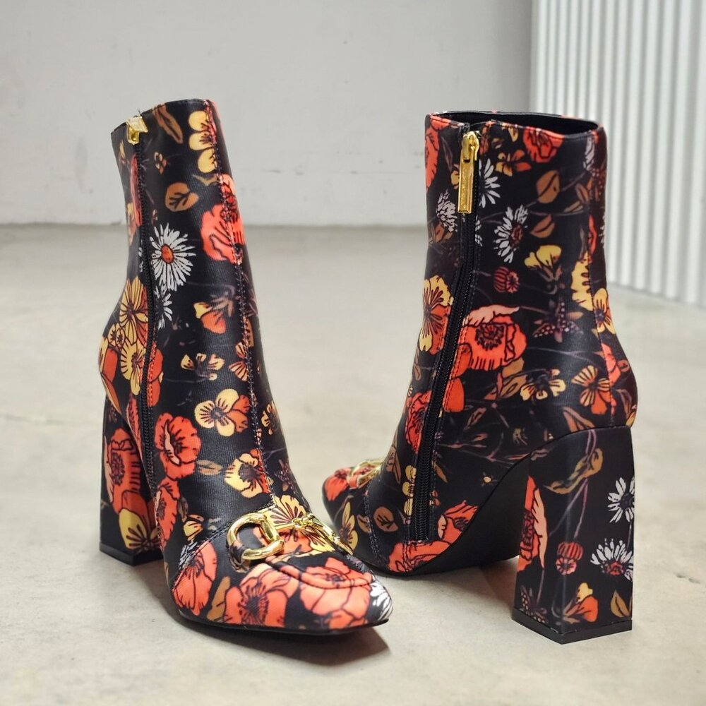 Floral Block Heel Ankle Boots With Gold Buckle Detail & Side Zipper Closure